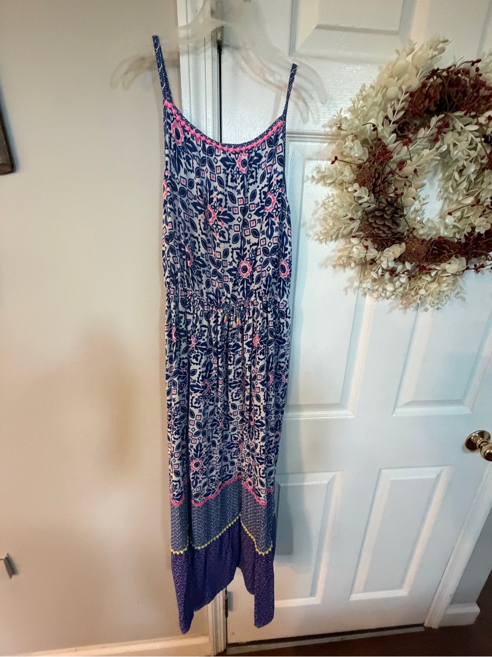 Cherokee Blue and Pink Printed Sundress with Pom Trim